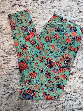 LuLaRoe Green Floral Slim Leggings with Red & Navy Accents